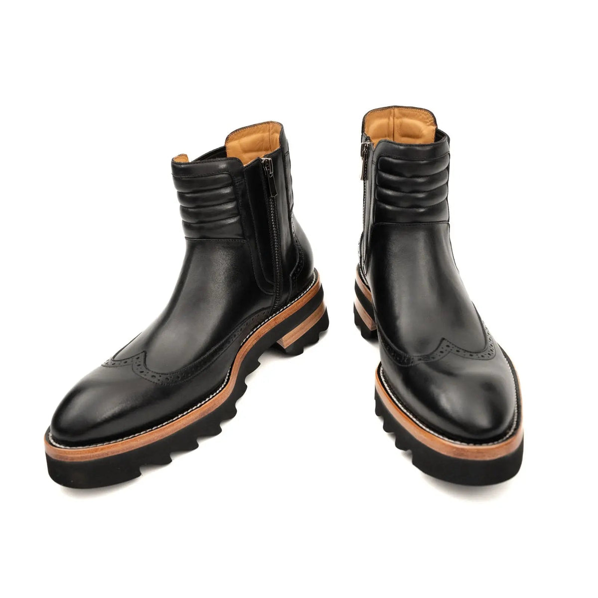 Black Wingtip Brogue Chelsea Boots with Tan Trim