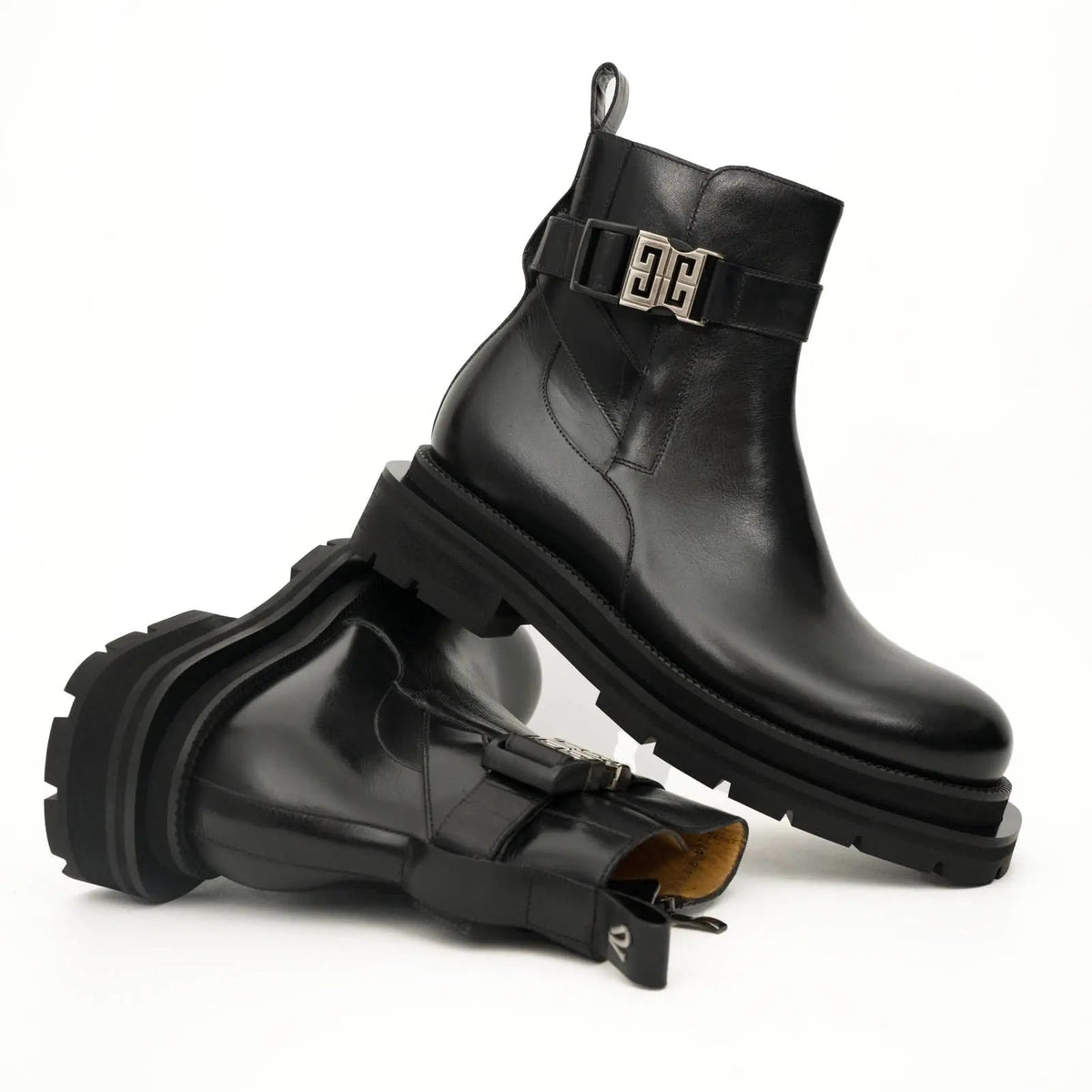Black Leather Buckle Ankle Boots with Black Lug Sole