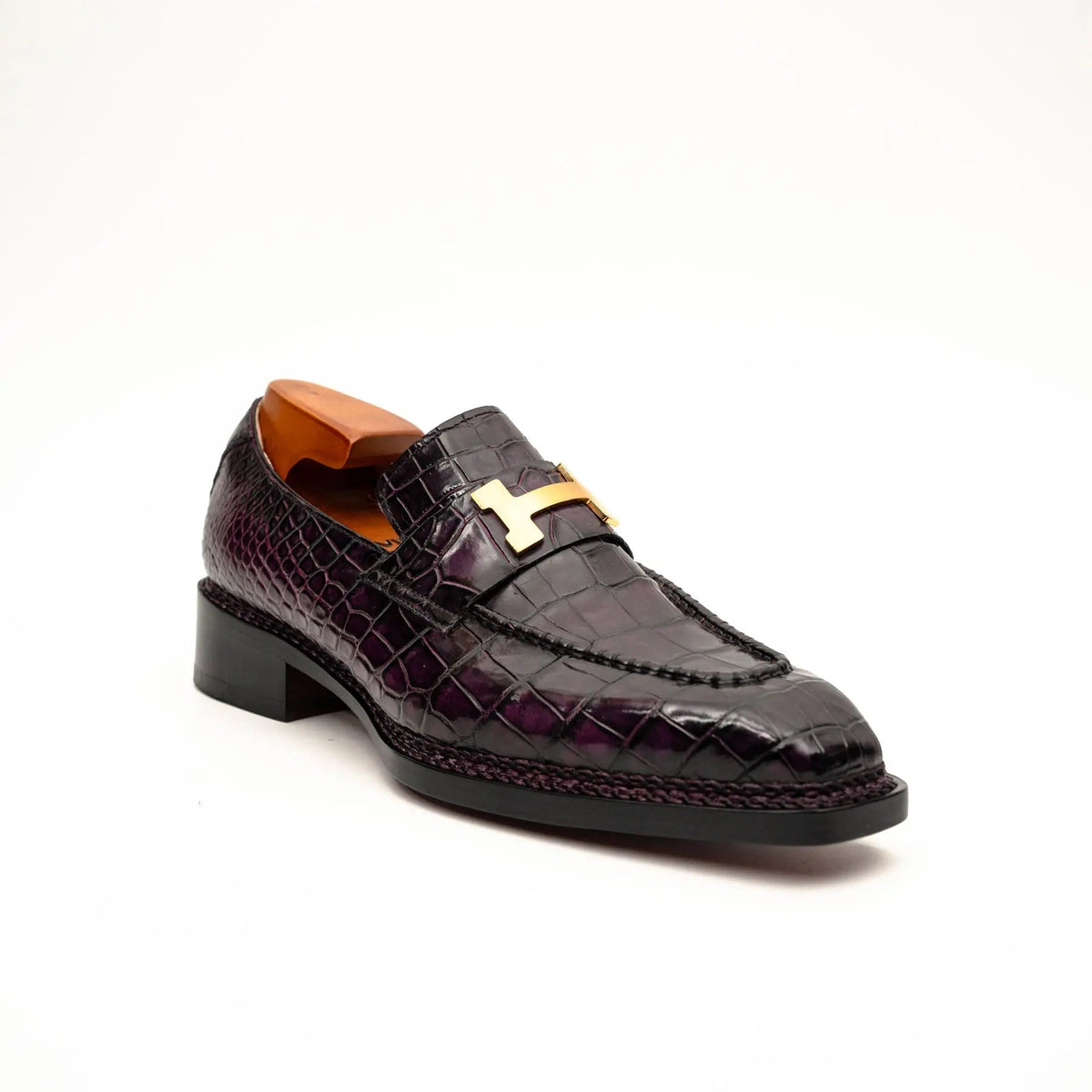 Burgundy-Black Apron-Toe Crocodile Leather Bit Loafers