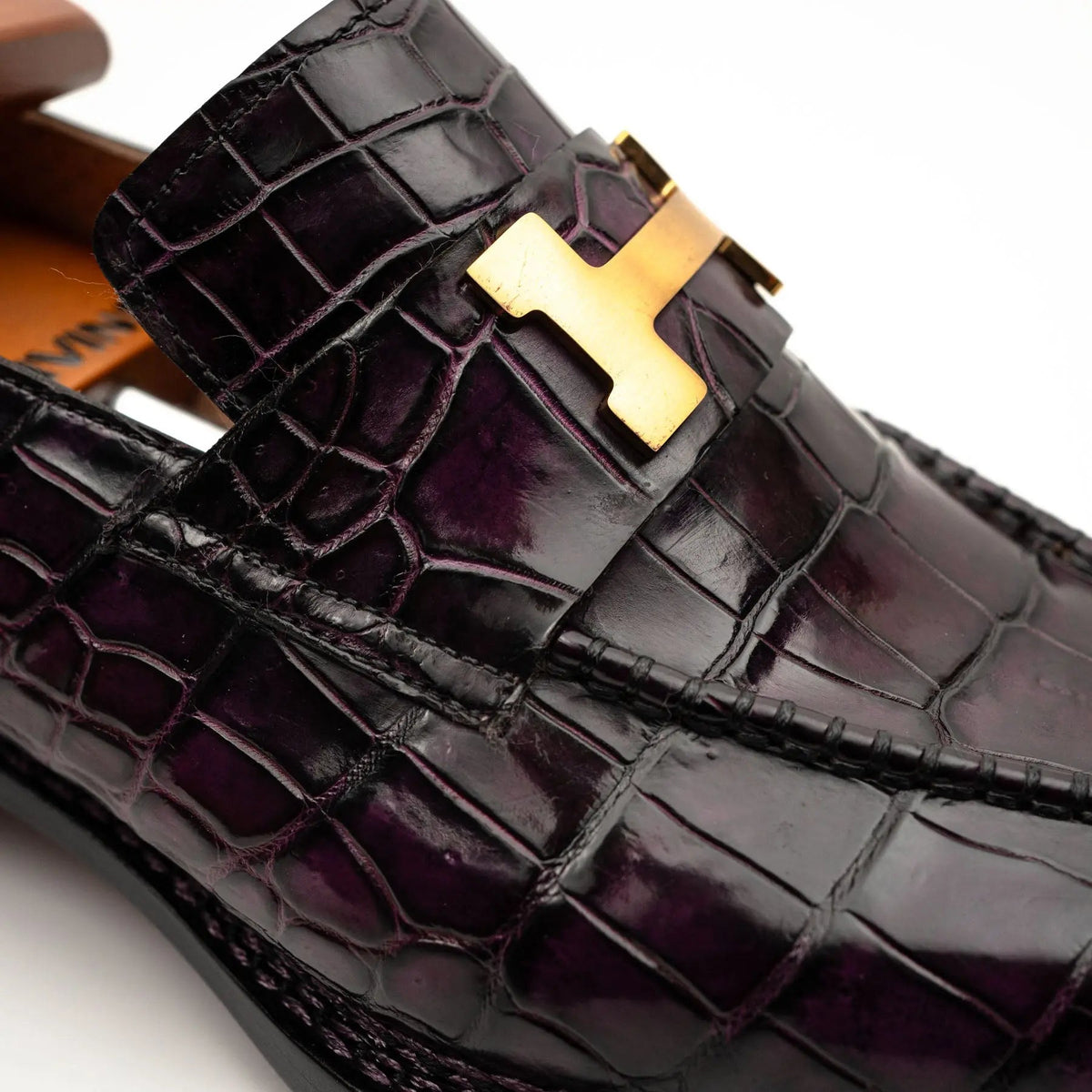 Burgundy-Black Apron-Toe Crocodile Leather Bit Loafers