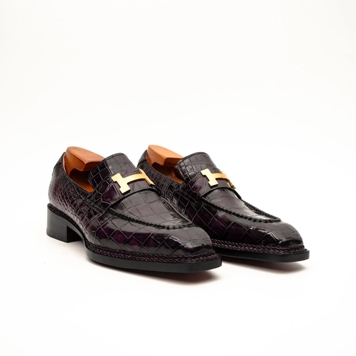 Burgundy-Black Apron-Toe Crocodile Leather Bit Loafers