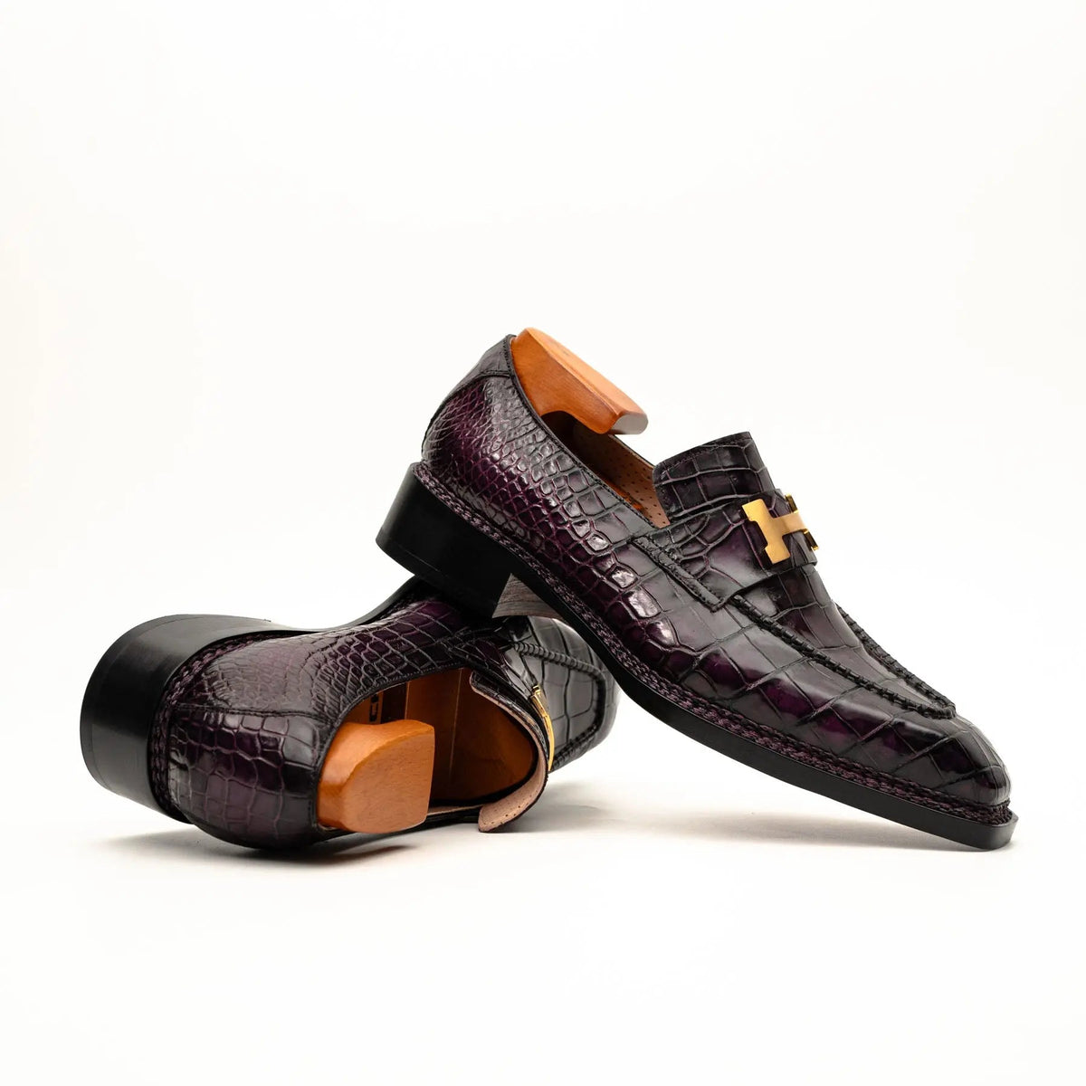 Burgundy-Black Apron-Toe Crocodile Leather Bit Loafers