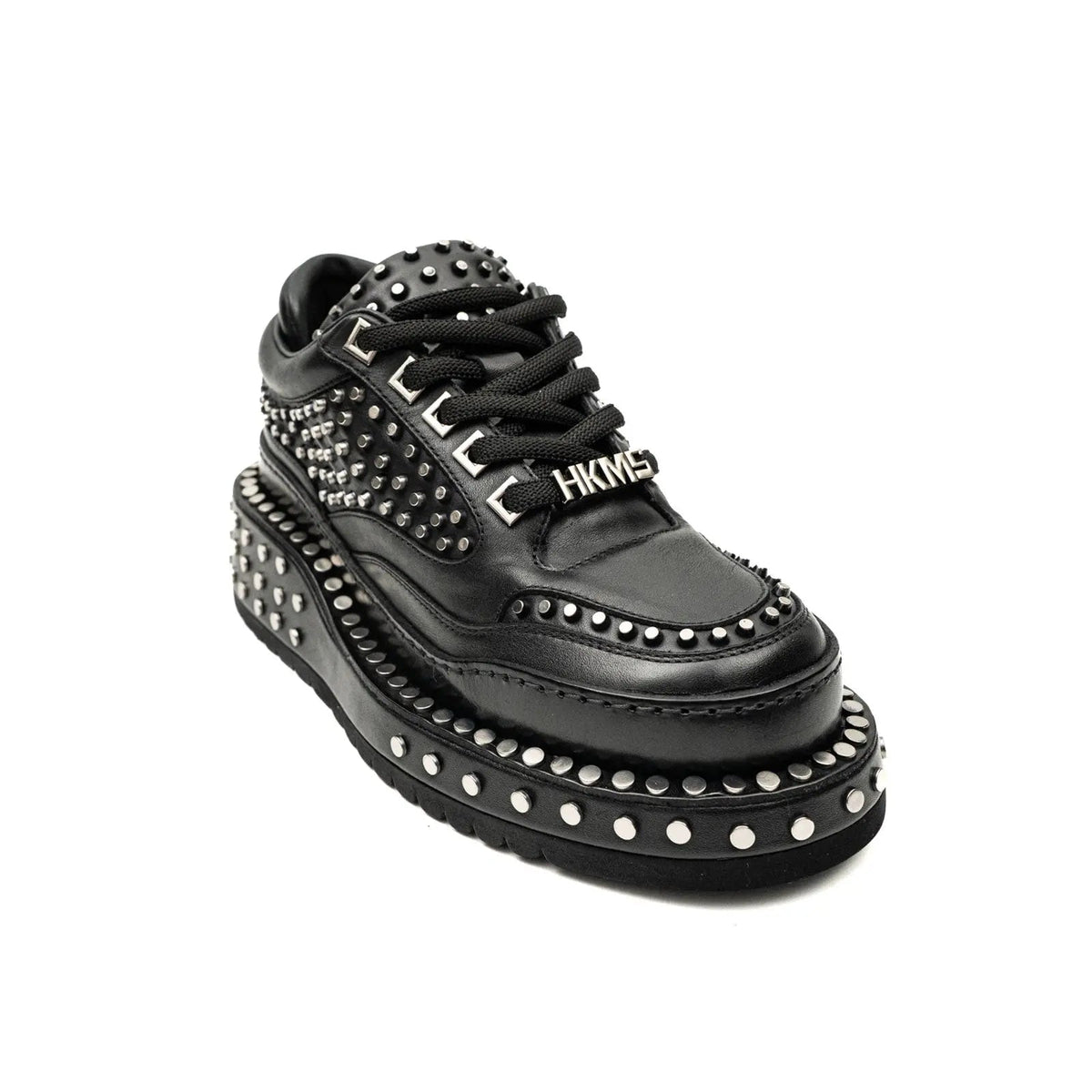 Black Studded Calf Leather Derby Shoes