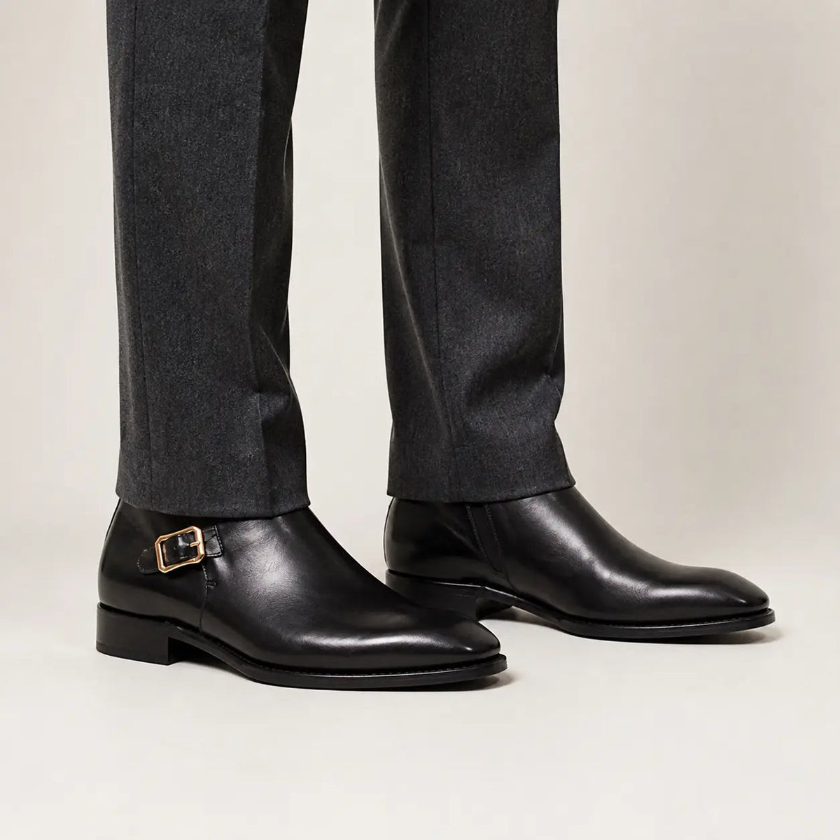 Black Square-Toe Calf Leather Buckle Ankle Boots