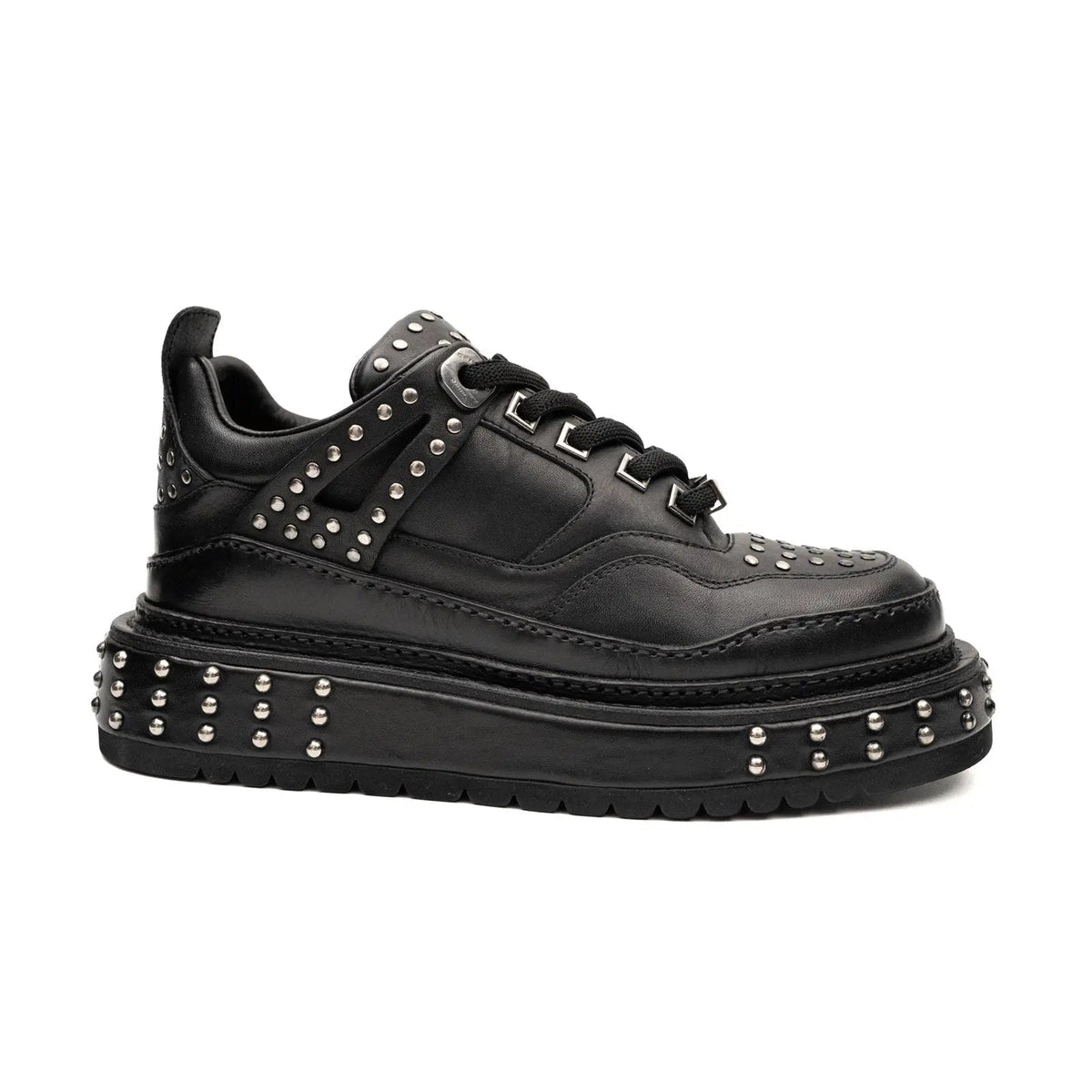 Black Studded Calf Leather Platform Sneakers