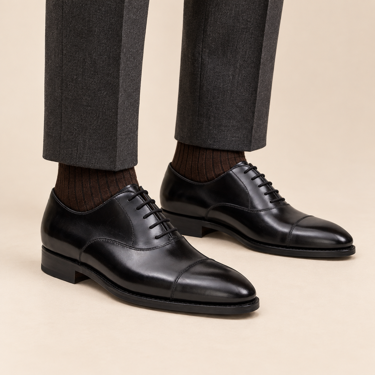 Black Cap-Toe Calf Leather Oxford Shoes