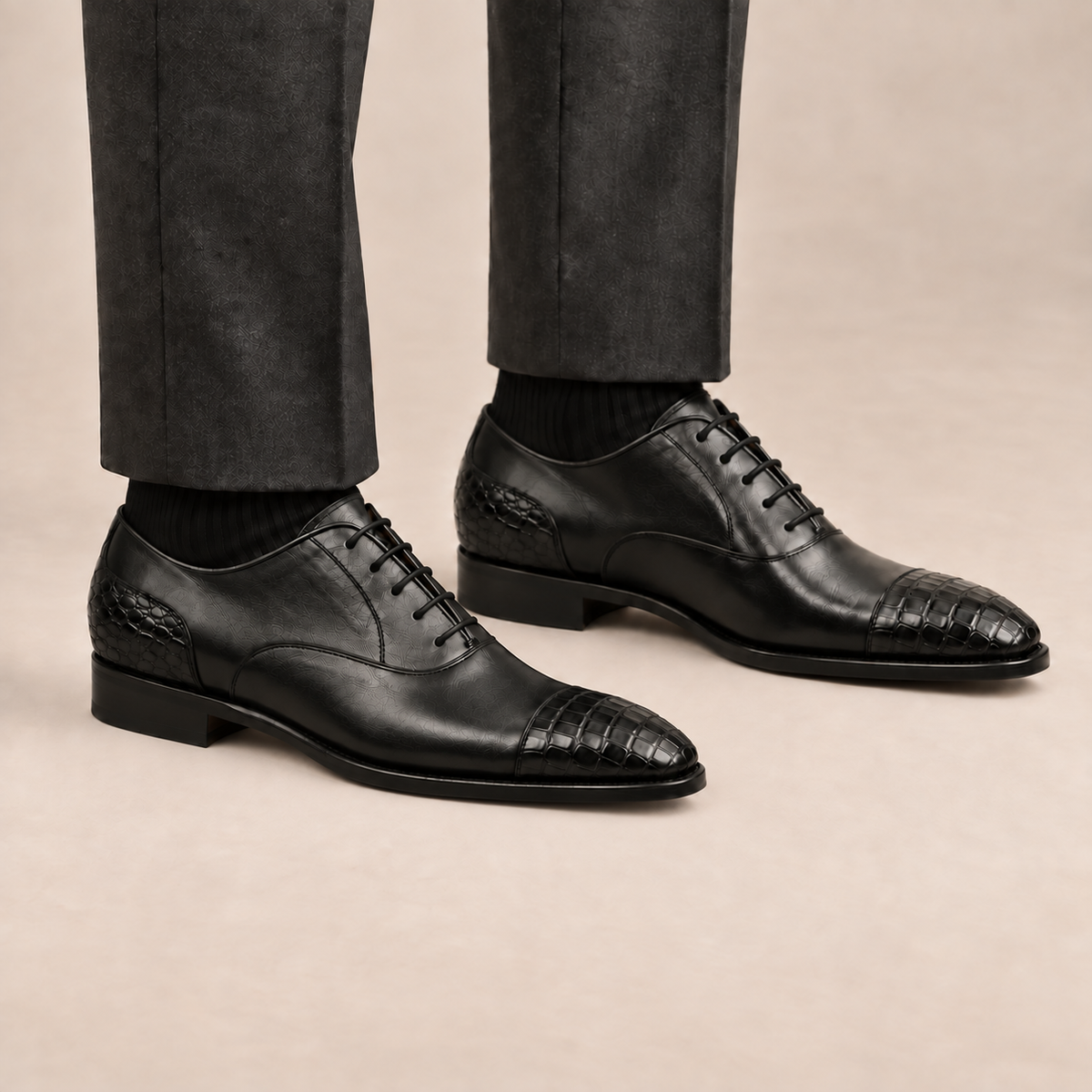Black Cap-Toe Calf & Crocodile Leather Oxford Shoes