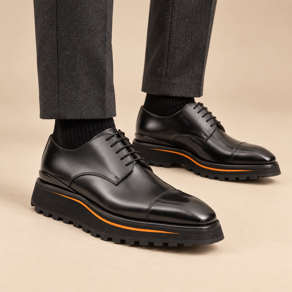 Black Cap-Toe Cow Leather Derby Shoes