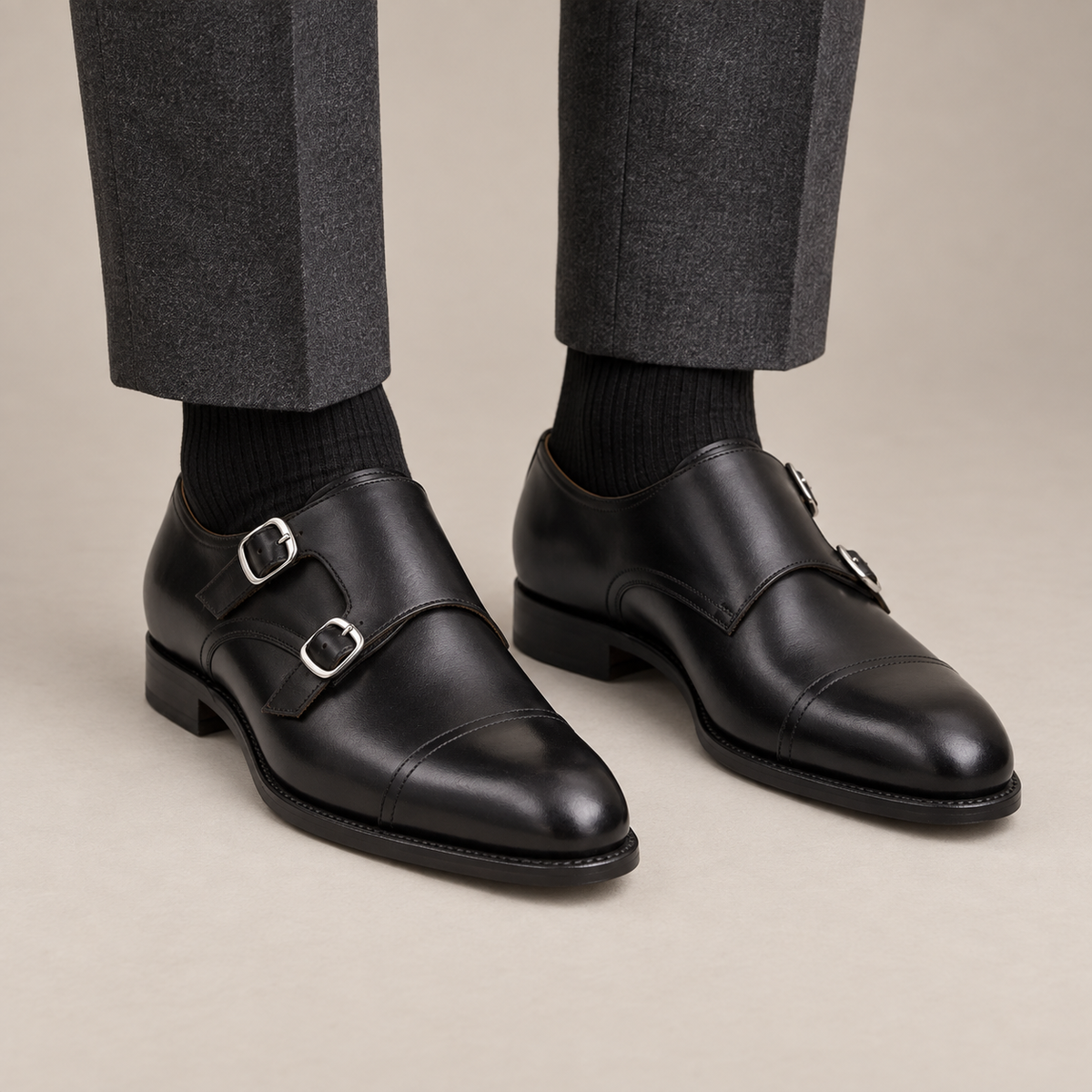 Black Cap-Toe Cow Leather Monk Shoes