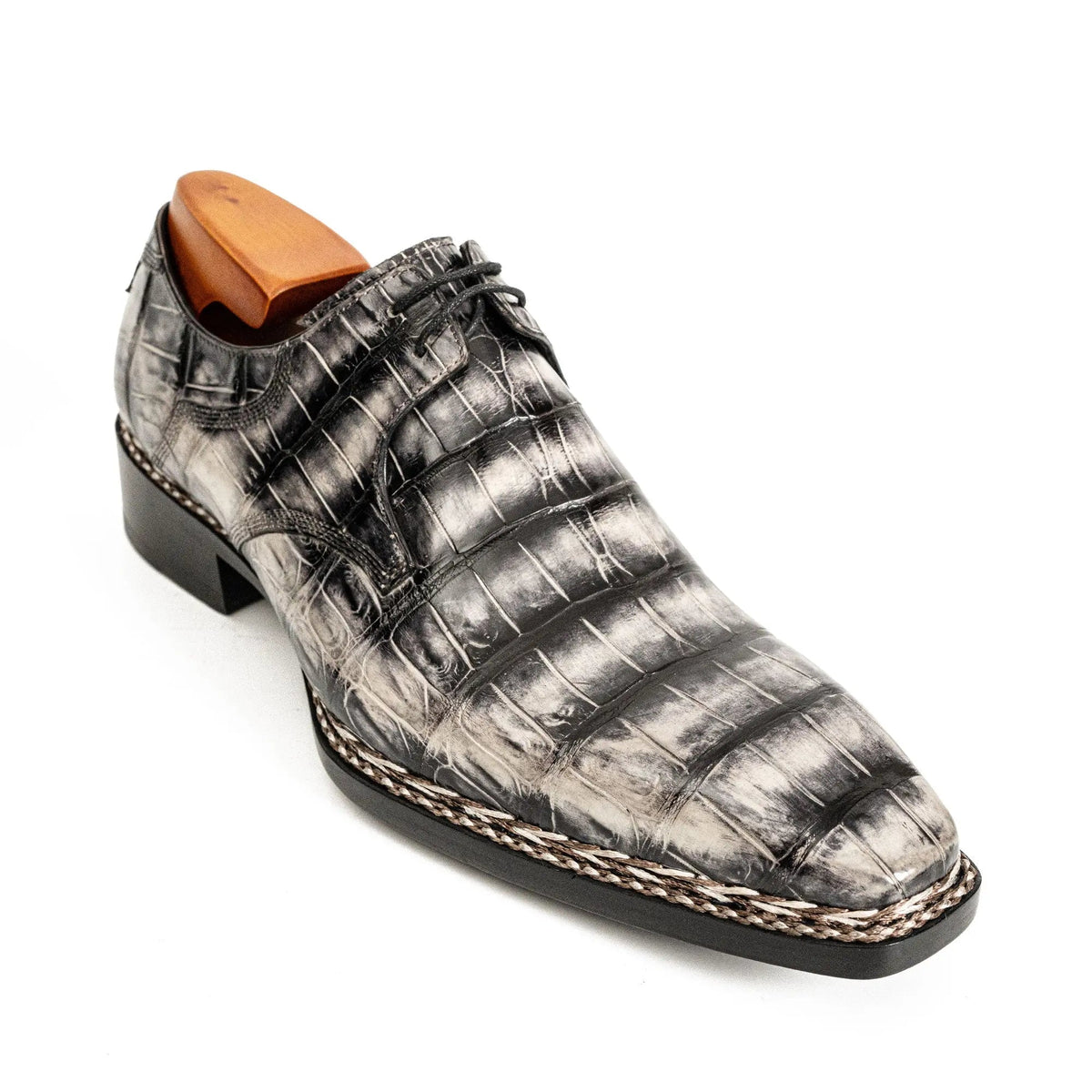 Silver-Black Crocodile Leather Derby Shoes