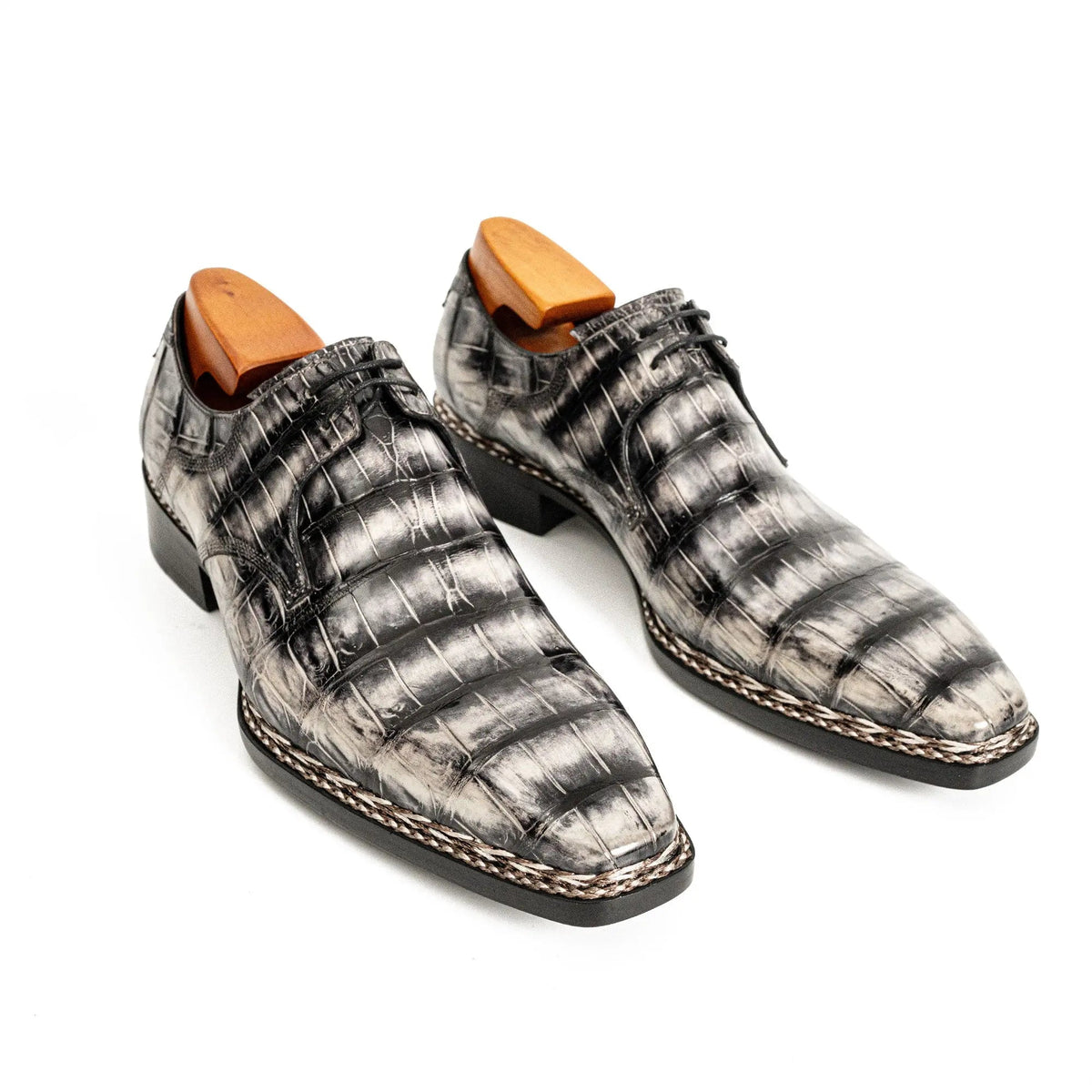 Silver-Black Crocodile Leather Derby Shoes