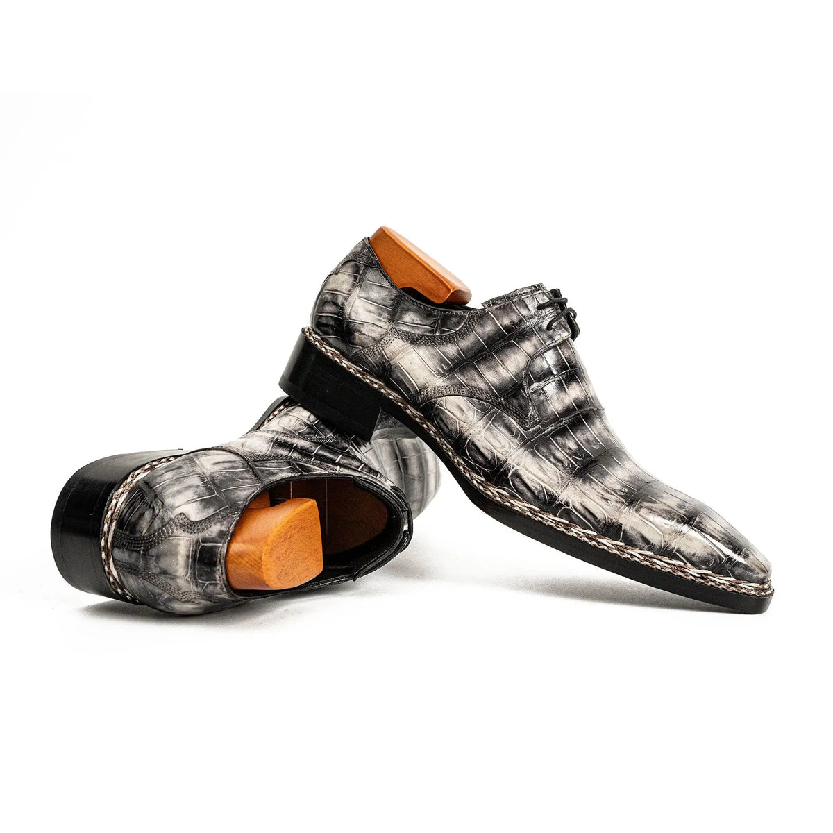 Silver-Black Crocodile Leather Derby Shoes