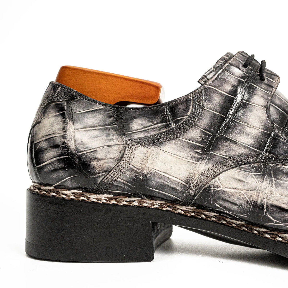 Silver-Black Crocodile Leather Derby Shoes