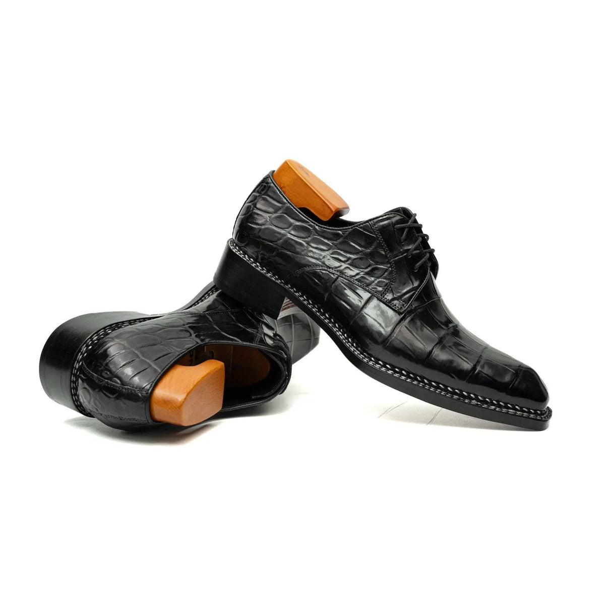 Black Square-Toe Crocodile Leather Derby Shoes