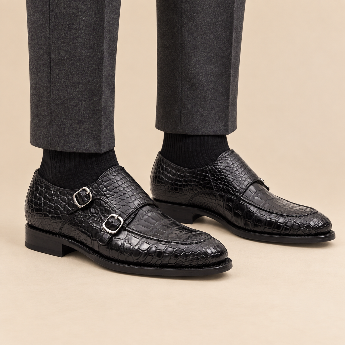 Black Crocodile Leather Monk Shoes