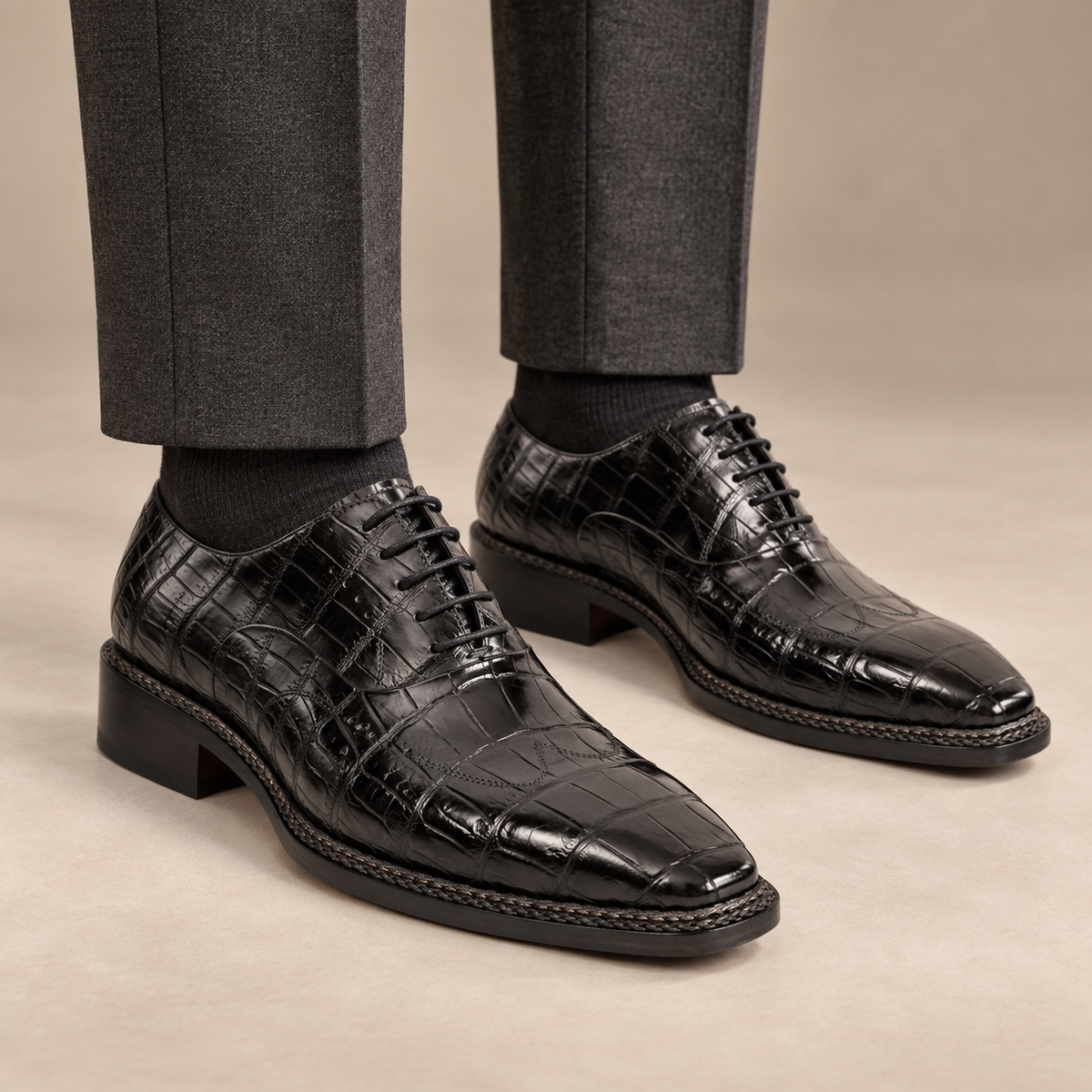 Black Crocodile Leather Norwegian Welt Oxford Shoes