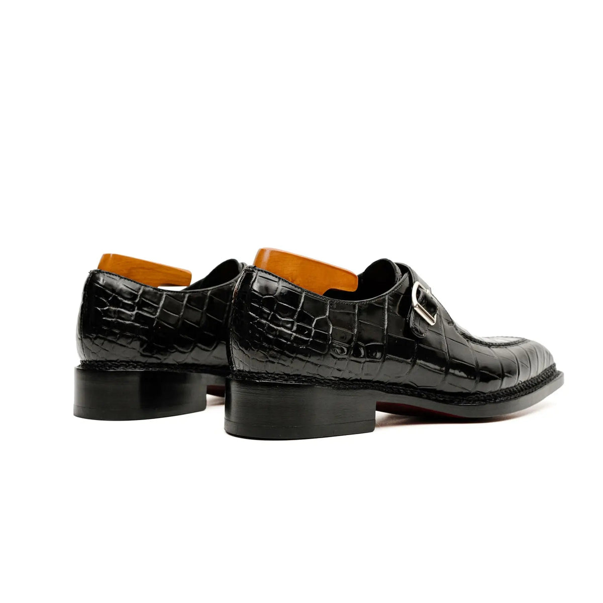 Black Apron-Toe Crocodile Leather Monk Shoes