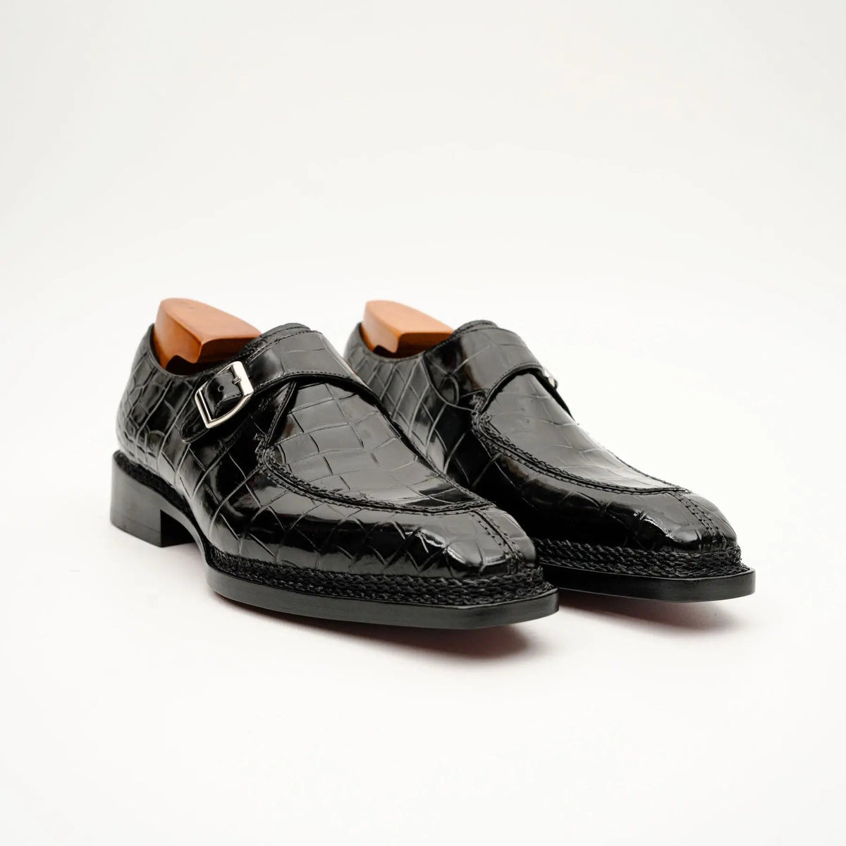 Black Apron-Toe Crocodile Leather Monk Shoes