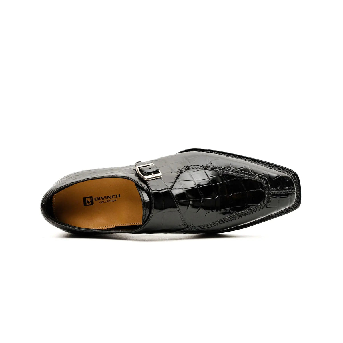 Black Apron-Toe Crocodile Leather Monk Shoes