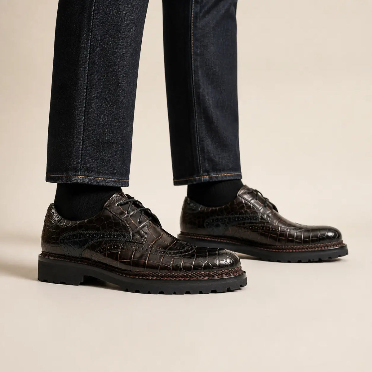 Dark Umber Crocodile Wingtip Derby Shoes