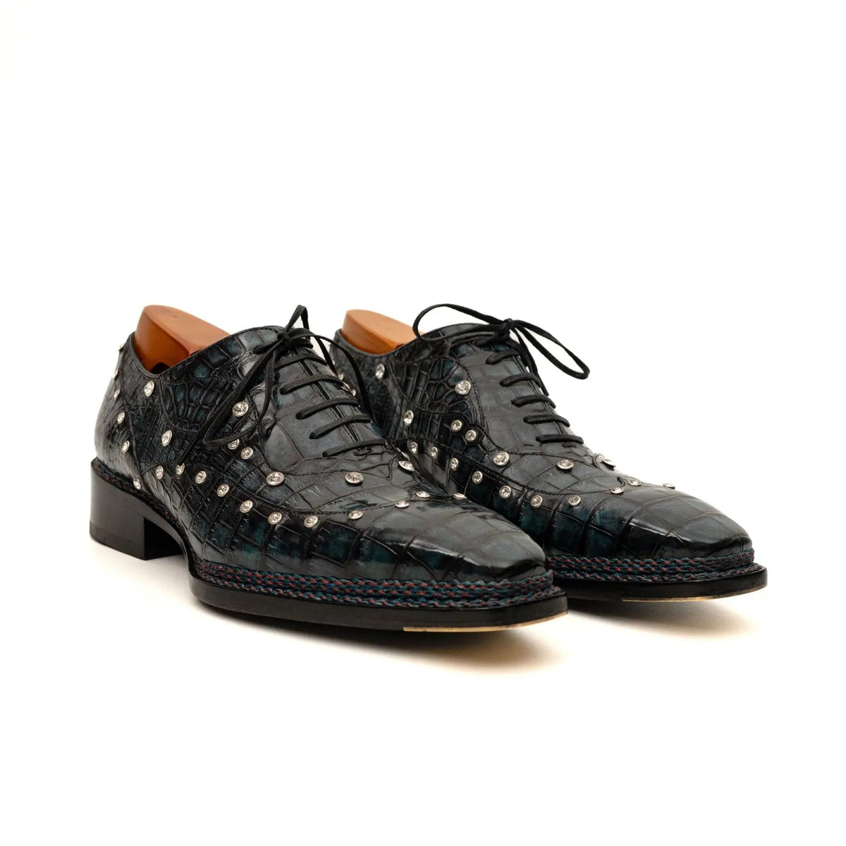 Black Studded Crocodile Leather Oxford Shoes