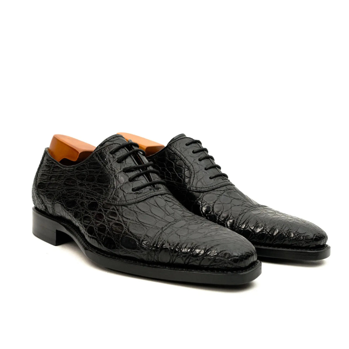 Black Cap-Toe Crocodile Leather Oxford Shoes