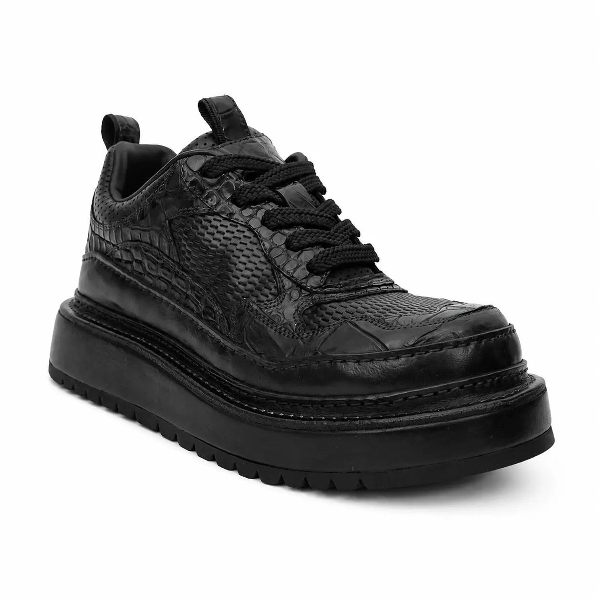 Black Platform Calf & Crocodile Leather Derby Shoes
