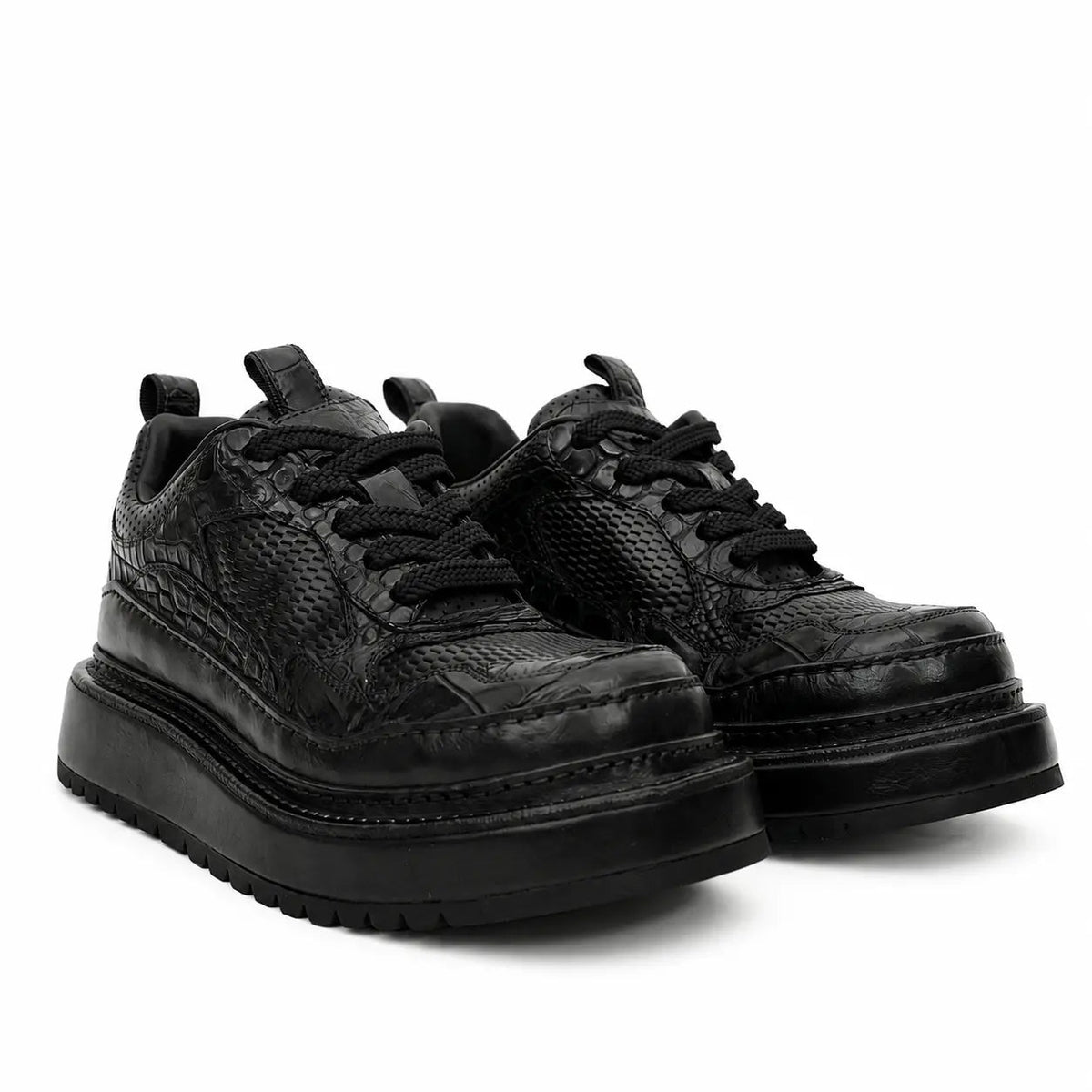 Black Platform Calf & Crocodile Leather Derby Shoes