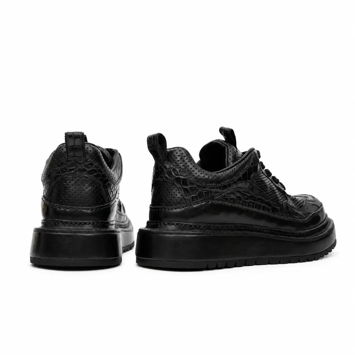 Black Platform Calf & Crocodile Leather Derby Shoes