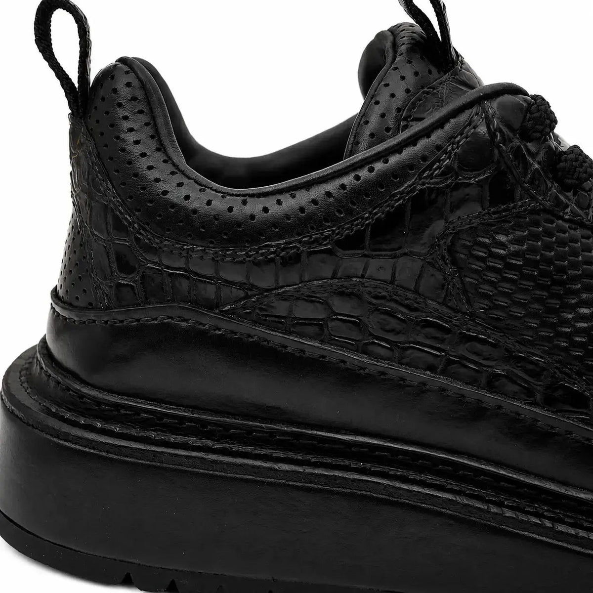Black Platform Calf & Crocodile Leather Derby Shoes