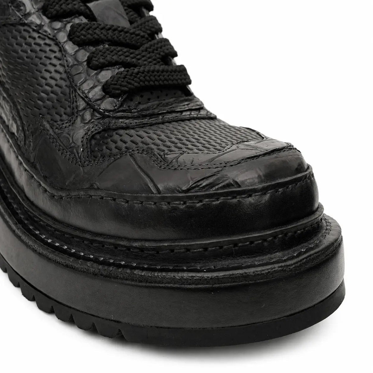 Black Platform Calf & Crocodile Leather Derby Shoes