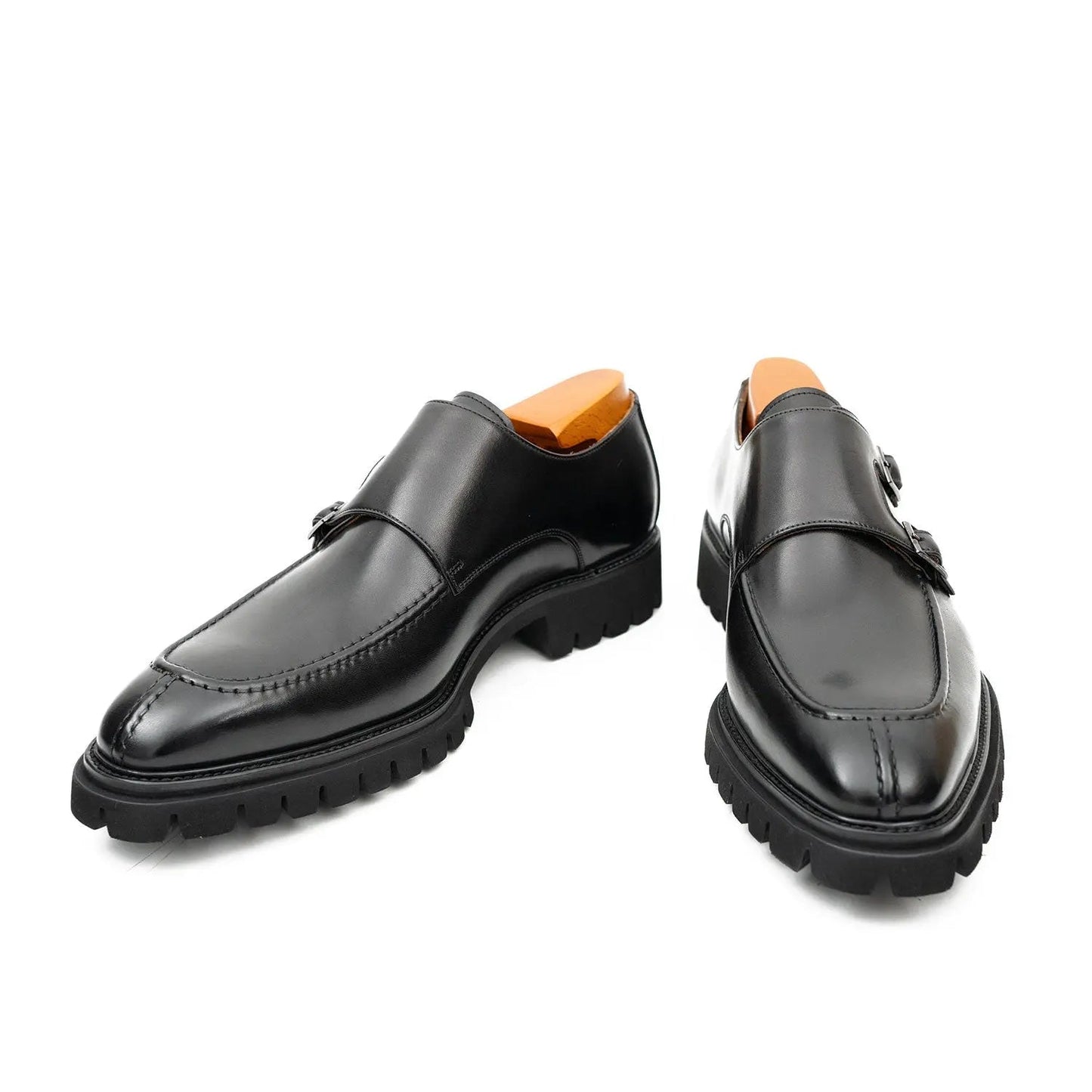 Black Double Monk Strap Leather Shoes