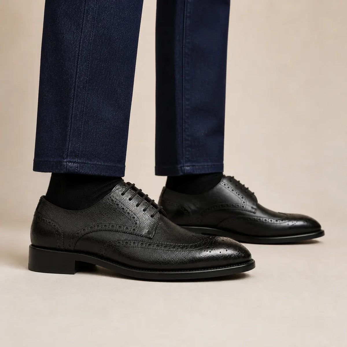 Black Wingtip Calf Leather Oxford Shoes
