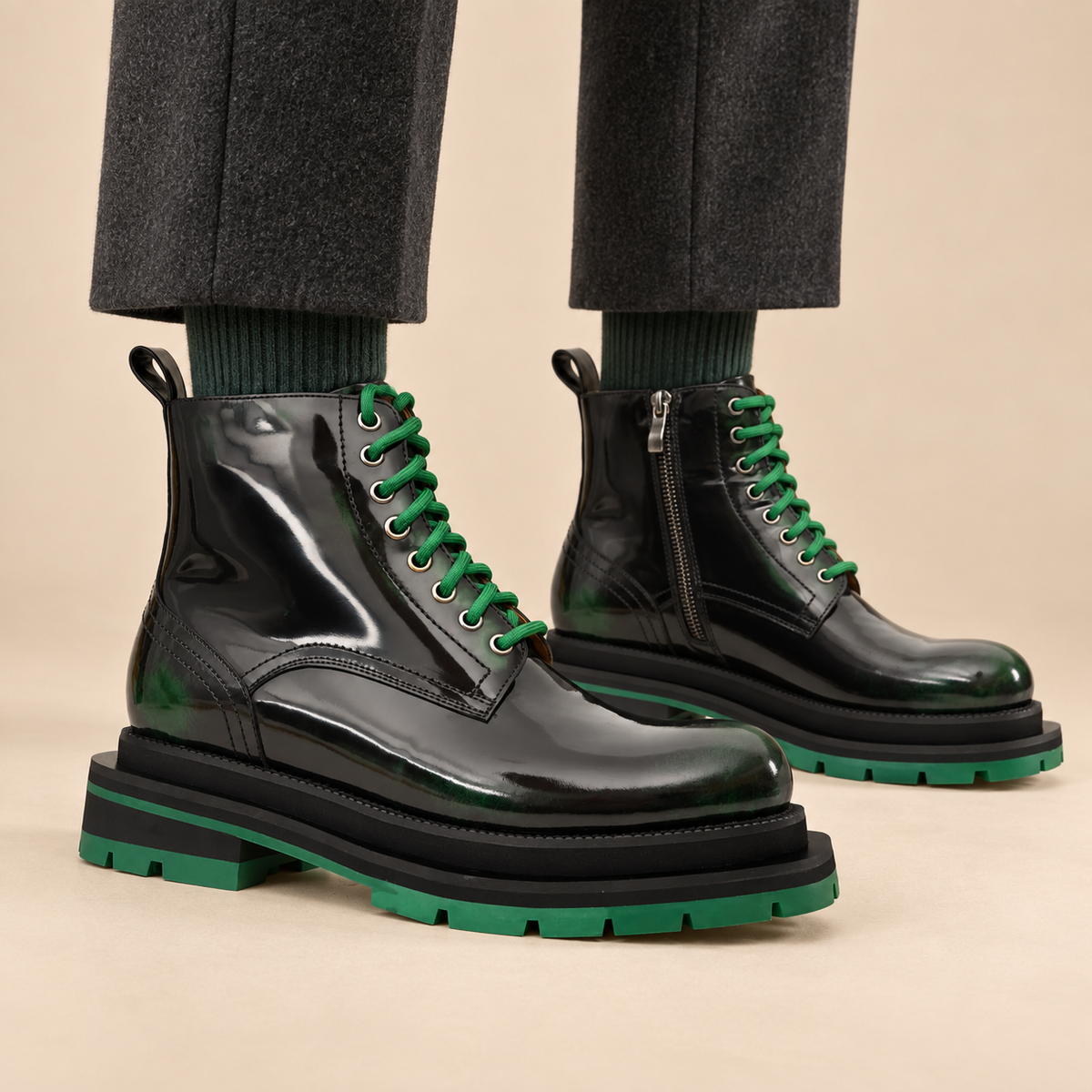 Black-Green Plain-Toe Cow Leather Ankle Boots