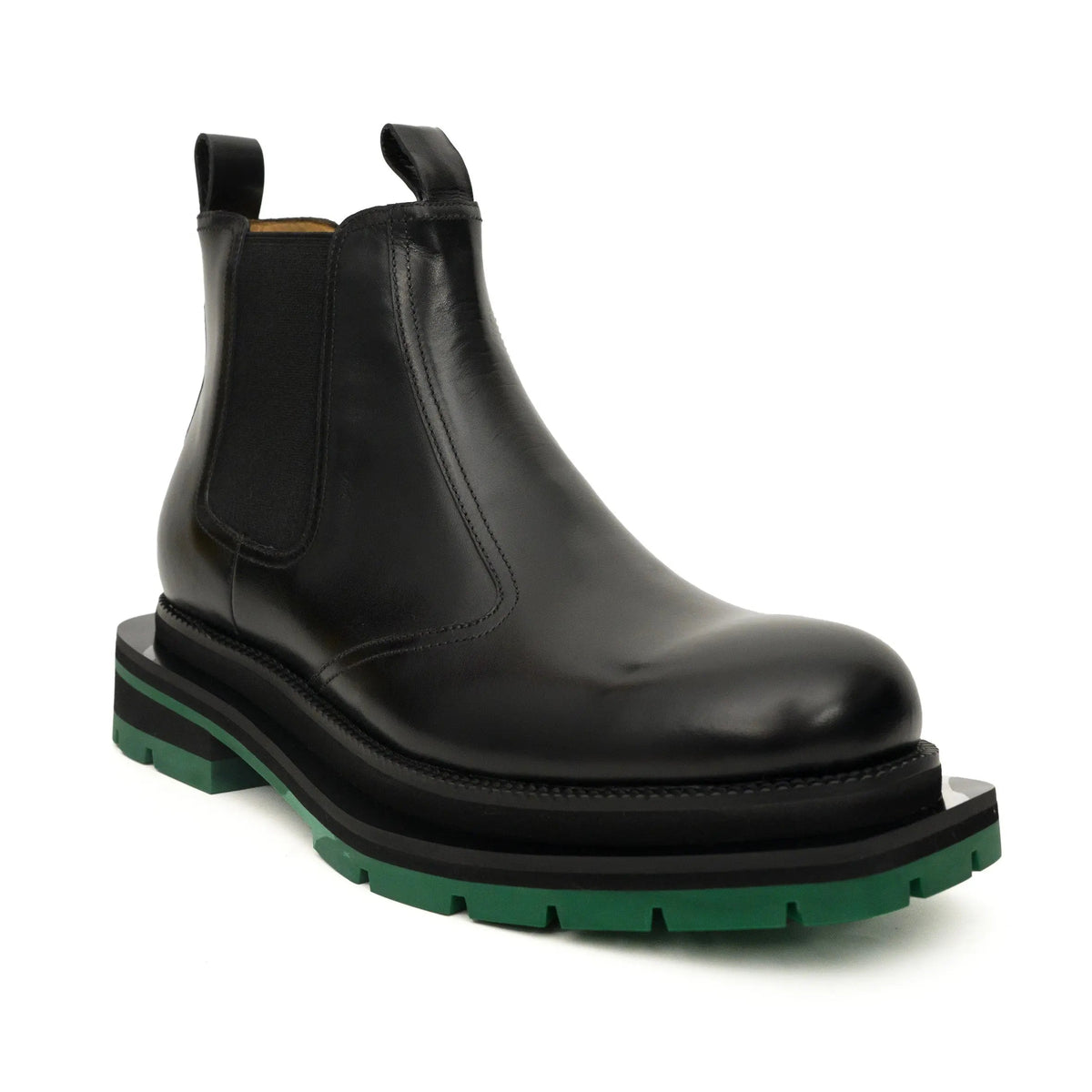 Black Calf Leather Chelsea Boots with Green Lug Sole