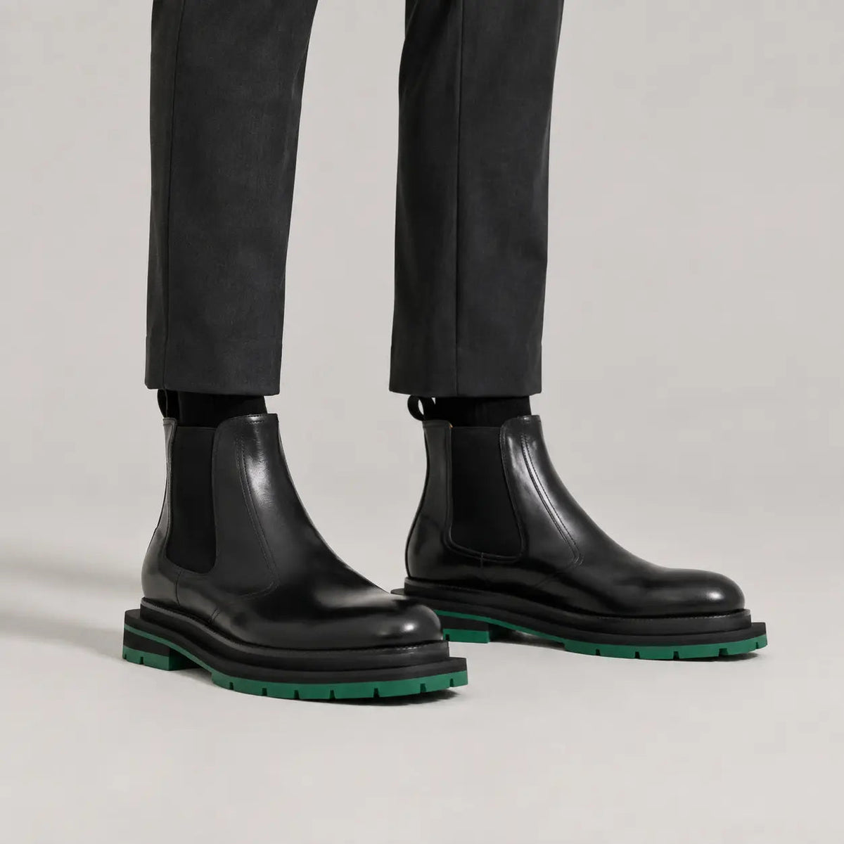 Black Calf Leather Chelsea Boots with Green Lug Sole
