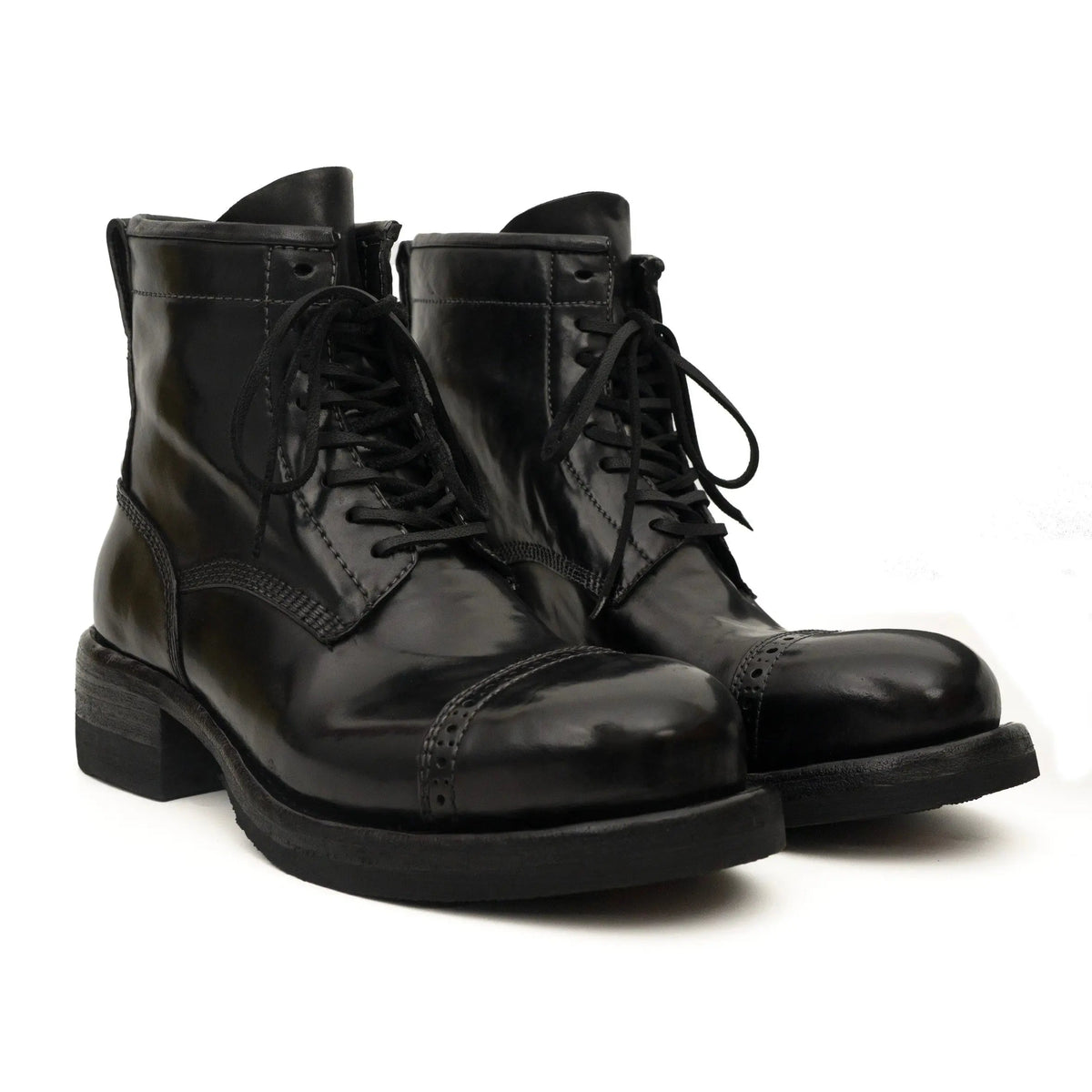Black Cap-Toe Horse Butt Leather Lace-Up Boots
