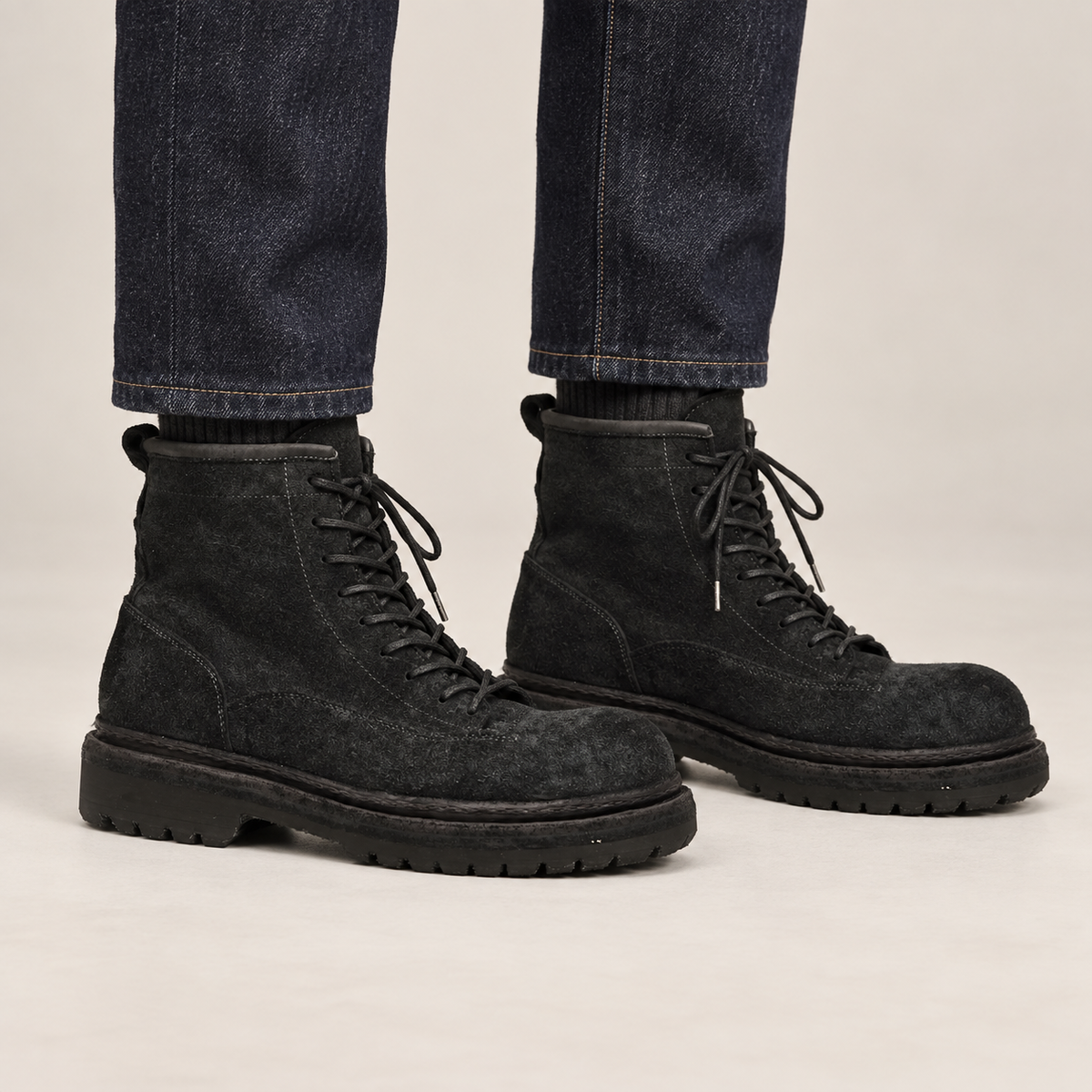 Black Horsehide Lace-Up Boots