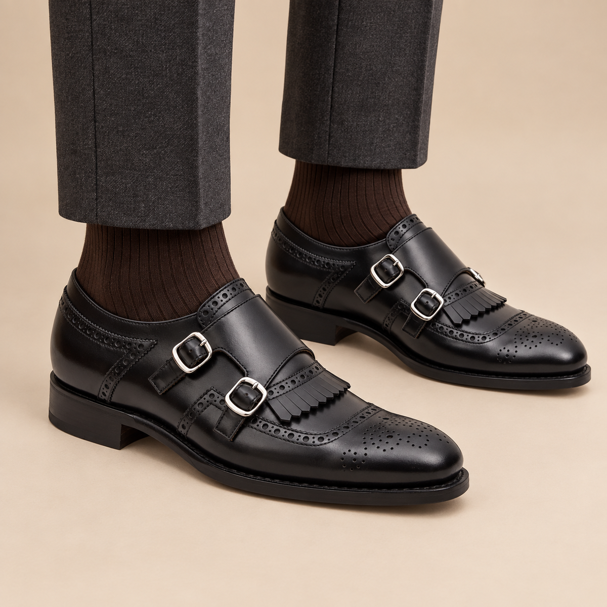 Black Kiltie Cow Leather Monk Shoes