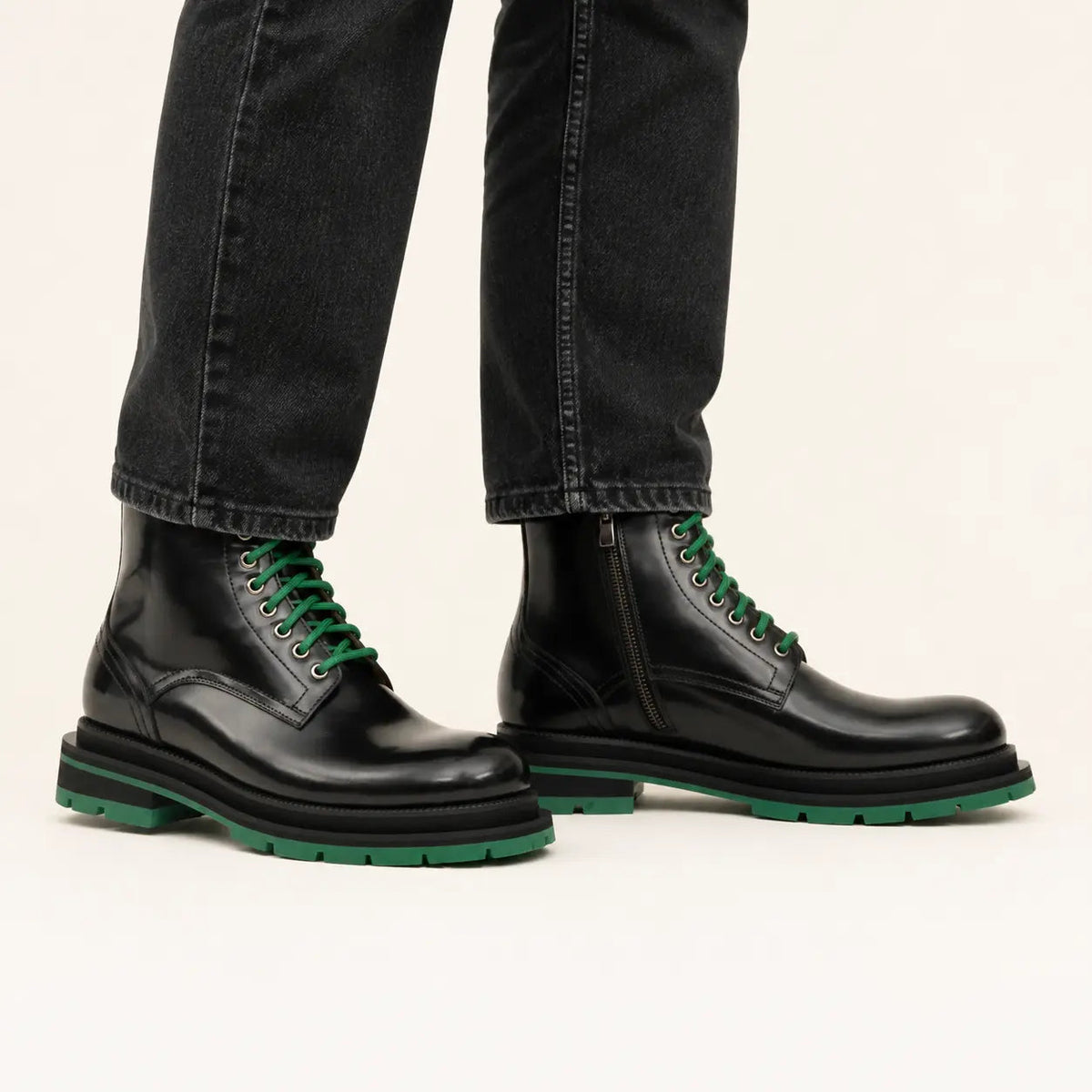 Black Plain-Toe Calf Leather Lace-Up Boots