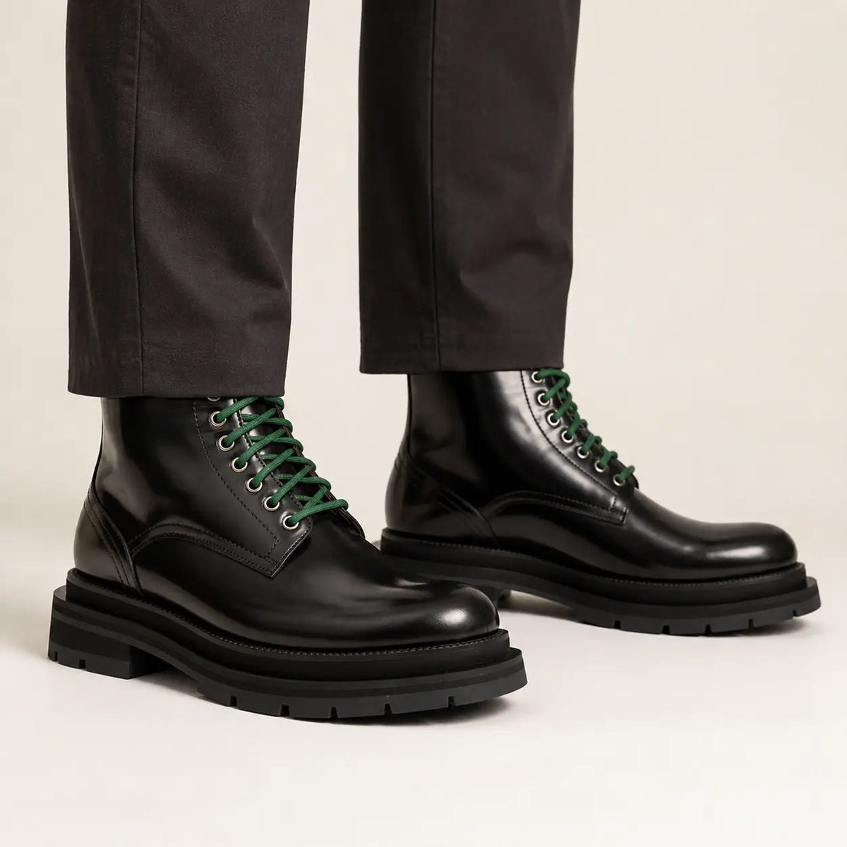 Black Plain-Toe Calf Leather Lace-Up Boots