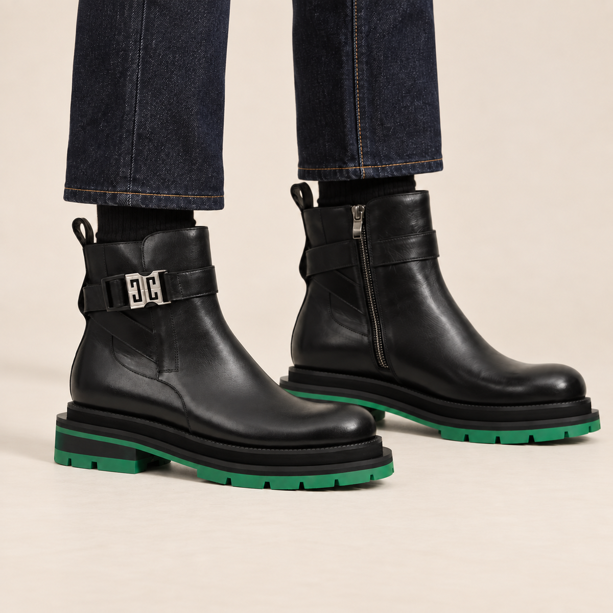 Black Leather Buckle Ankle Boots with Green Lug Sole