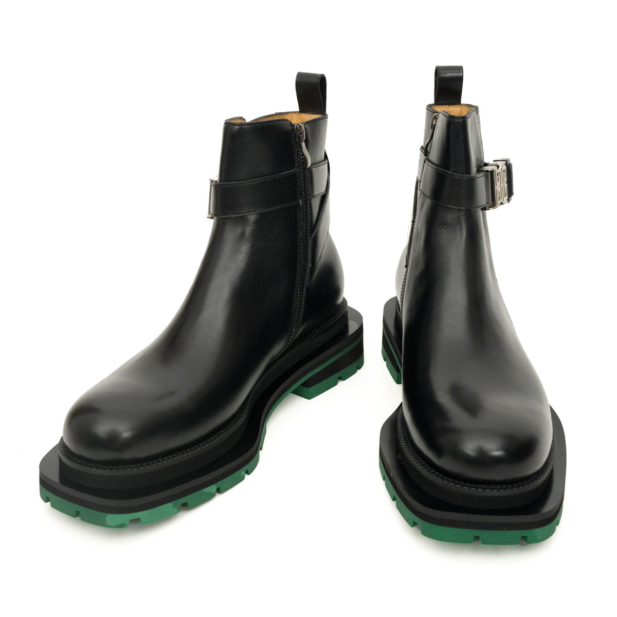 Black Leather Buckle Ankle Boots with Green Lug Sole