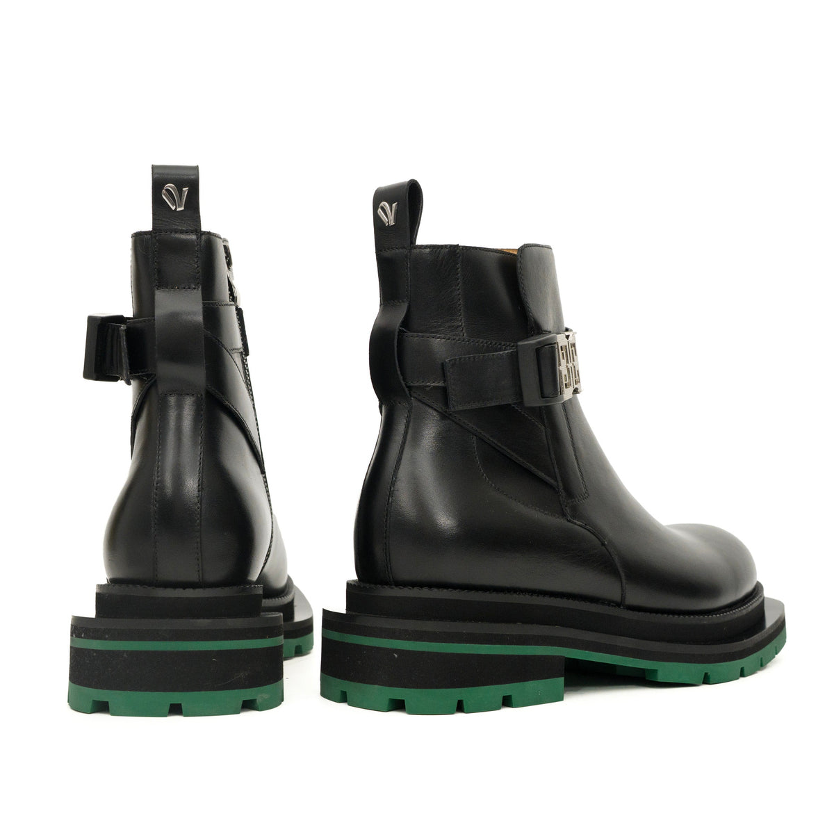 Black Leather Buckle Ankle Boots with Green Lug Sole