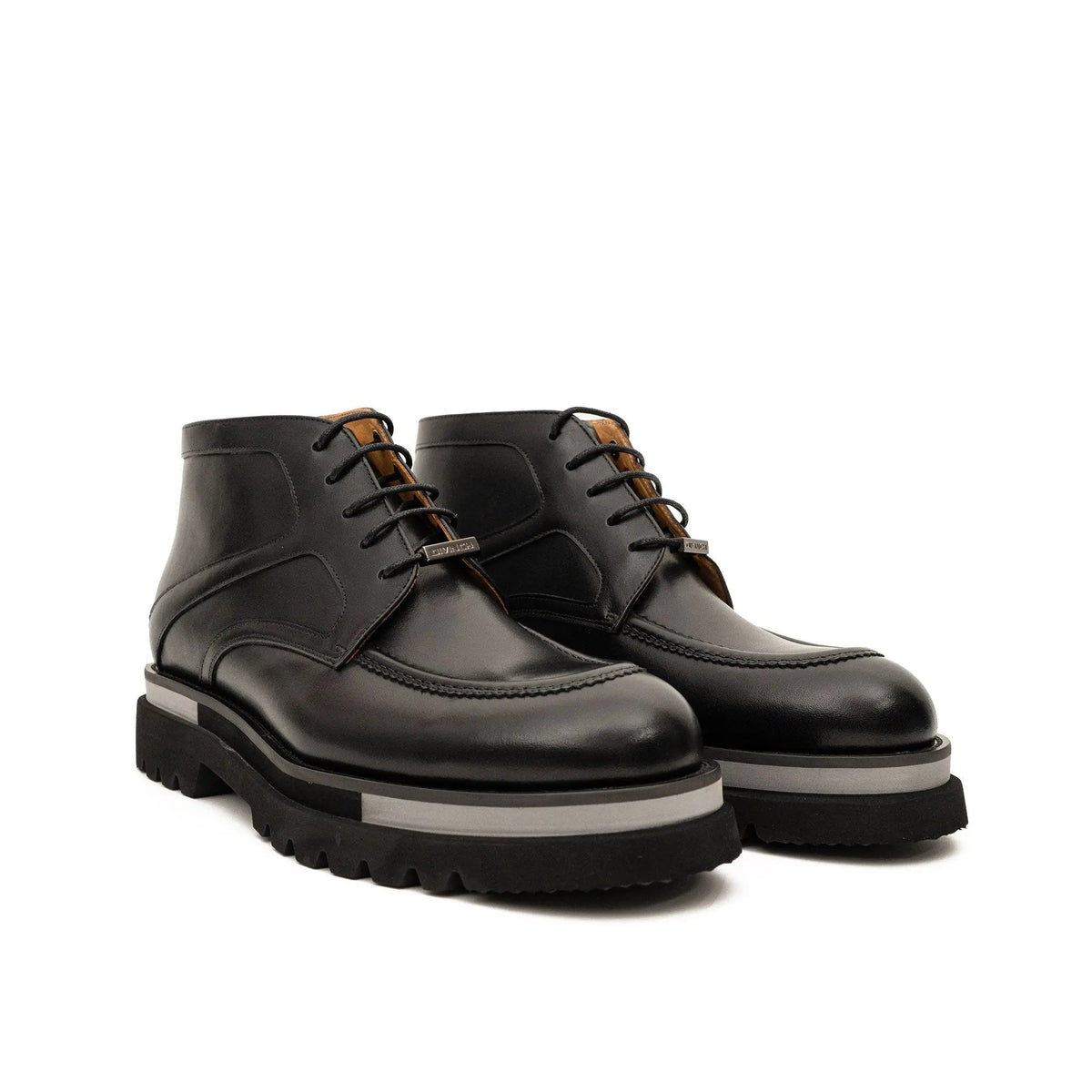 Black Apron-Toe Calf Leather Ankle Boots