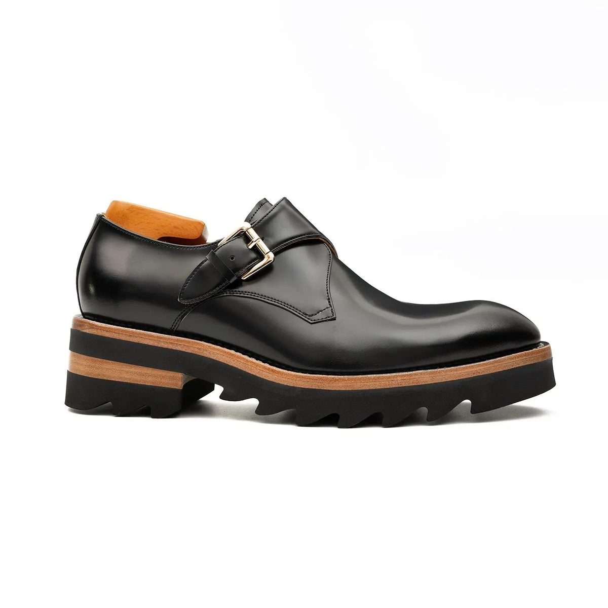 Black Plain-Toe Calf Leather Monk Shoes