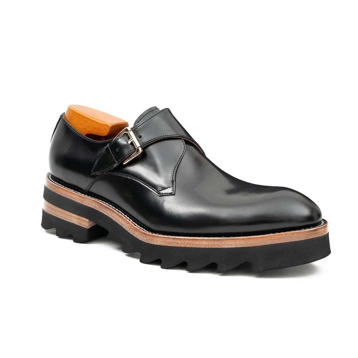 Black Plain-Toe Calf Leather Monk Shoes