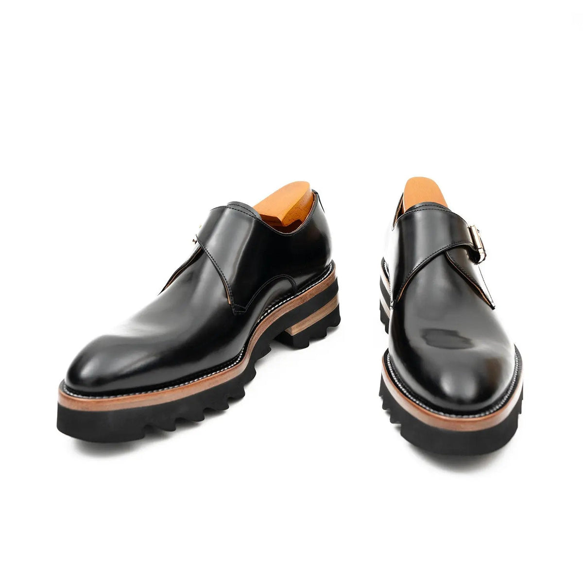 Black Plain-Toe Calf Leather Monk Shoes