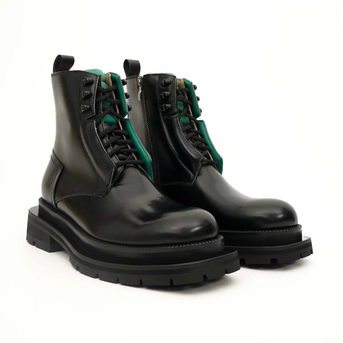 Black Plain-Toe Calf Leather Lace-Up Boots
