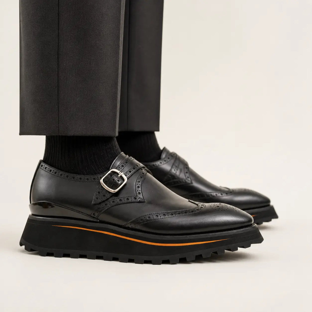Black Wingtip Single-Monk Shoes with Orange Sole Trim